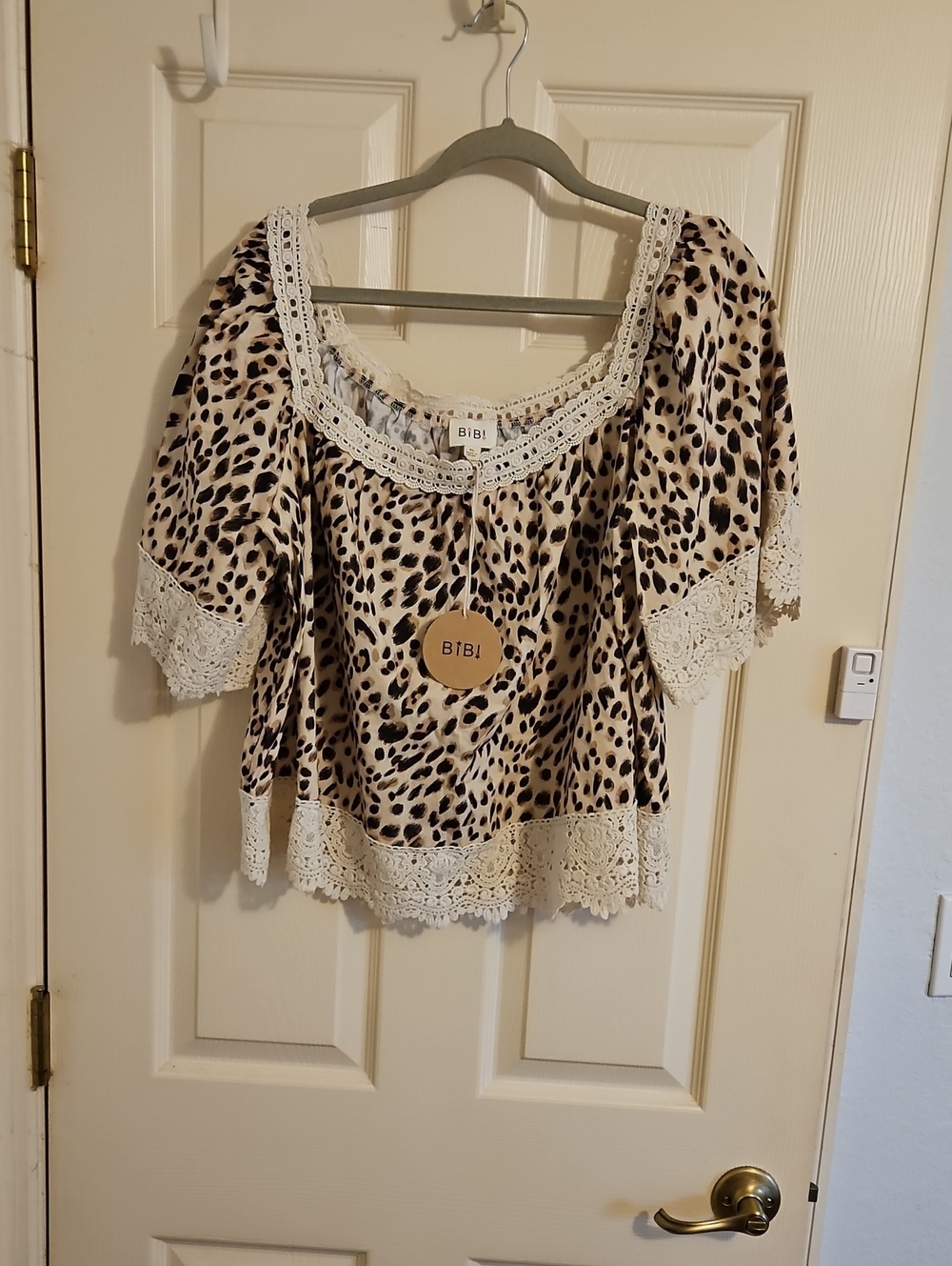 BiBi Beige and Black Leopard Lace-Trim Peasant Blouse